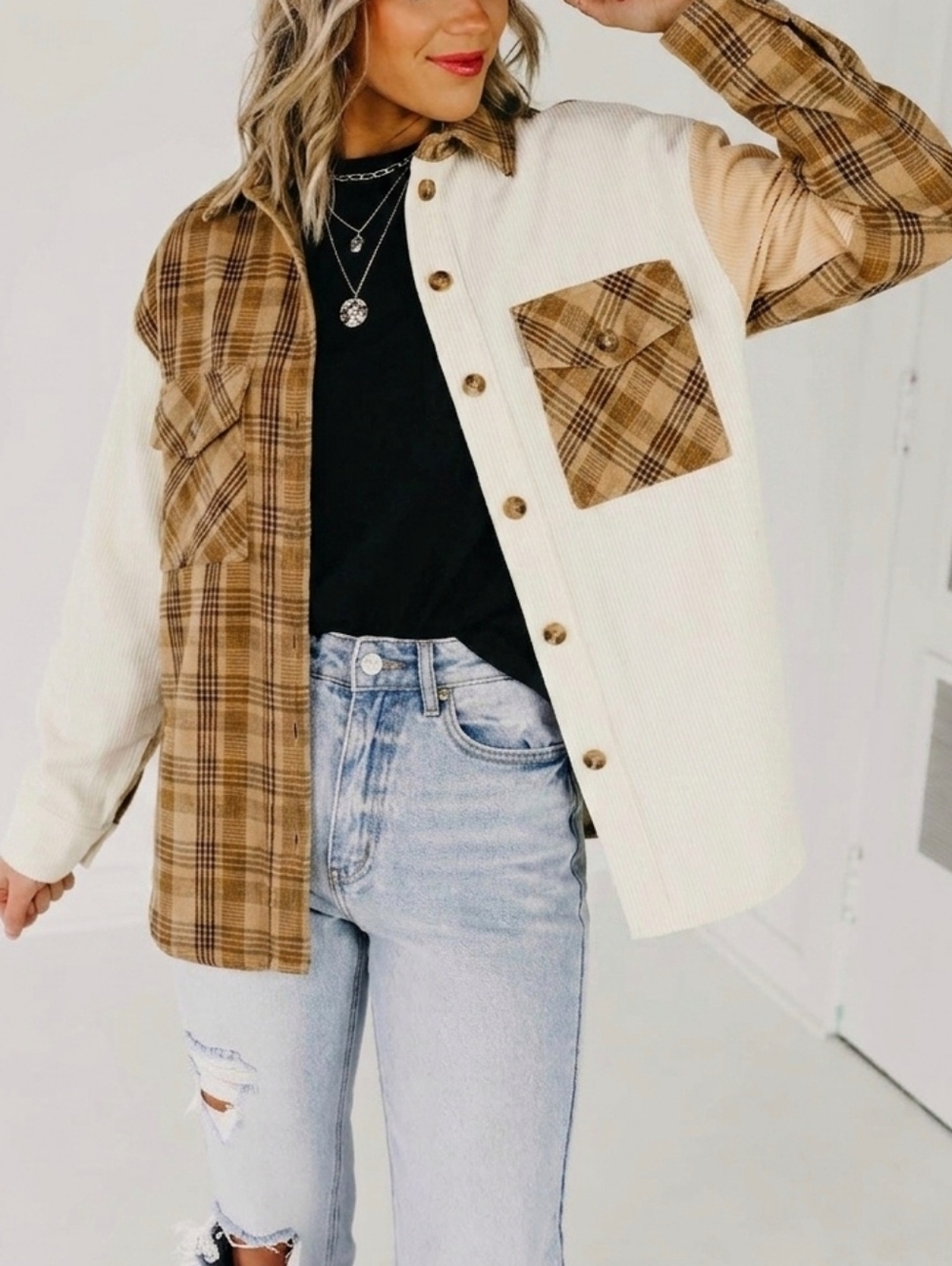 She + Sky Corduroy Color-Block Oversized Shacket Medium